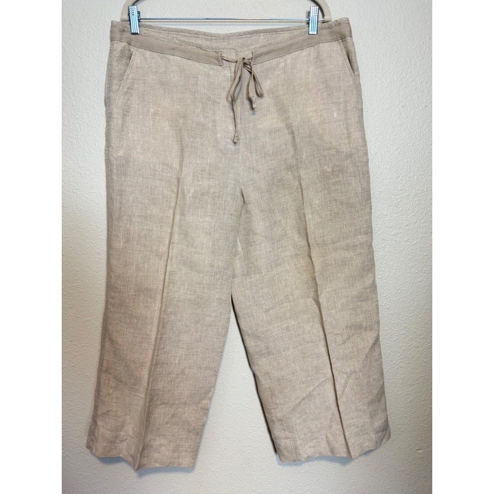 Talbots Irish Linen Pants Womens 14 Beige Wide Leg Drawstring Casual Summer
